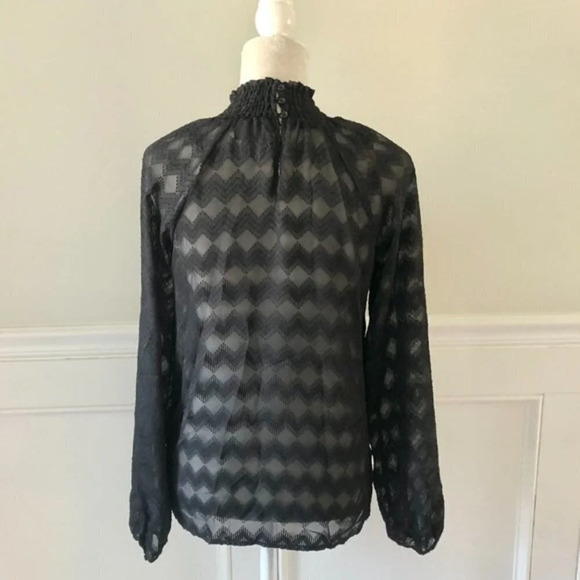 Mossimo Mock Neck Sheer Chevron Long Sleeve Black Blouse XS - Picture 5 of 6